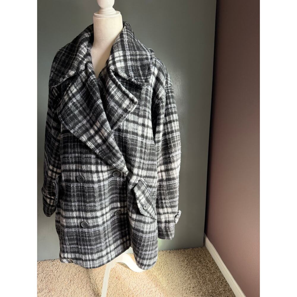 FREE PEOPLE Women's Large B&W Highlands Oversized Plaid Fleece Peacoat Indie